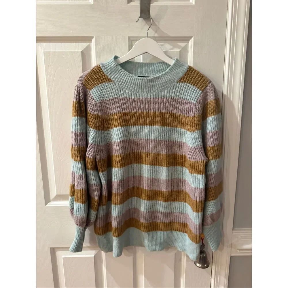 Halogen Atlantic Pacific Blue Lavender Brown Stripe Crewneck Sweater sz XL
